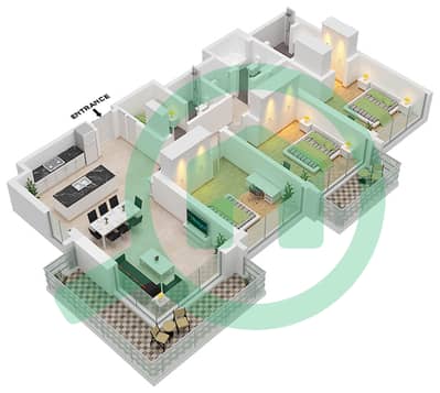 المخططات الطابقية لتصميم الوحدة 3 FLOOR 20 شقة 3 غرف نوم - برج ايون 1