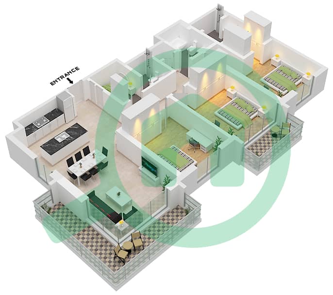 永旺大厦1号楼 - 3 卧室公寓单位7 FLOOR 16-19戶型图 Unit 7 Floor 16-19 interactive3D