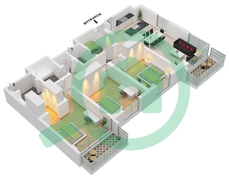 永旺大厦1号楼 - 3 卧室公寓单位6 FLOOR 16-19戶型图 Unit 6 Floor 16-19 interactive3D