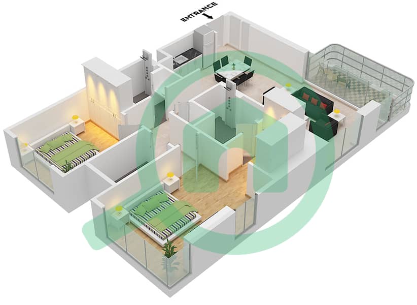 المخططات الطابقية لتصميم النموذج / الوحدة 3 / UNIT 7 BUILDING 2 شقة 2 غرفة نوم - العنوان رزيدنسز 3 / Unit 7 Floor 2 Building 2 interactive3D