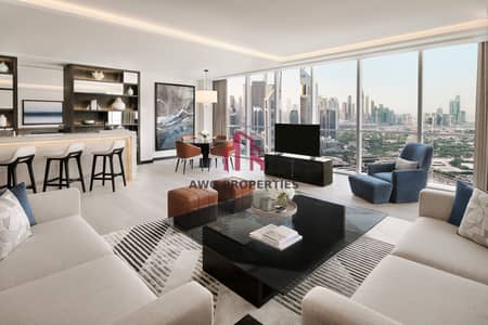 1 Bedroom Penthouse for Rent in Sheikh Zayed Road, Dubai - Living Area + Dining Area + Bar + View. JPG
