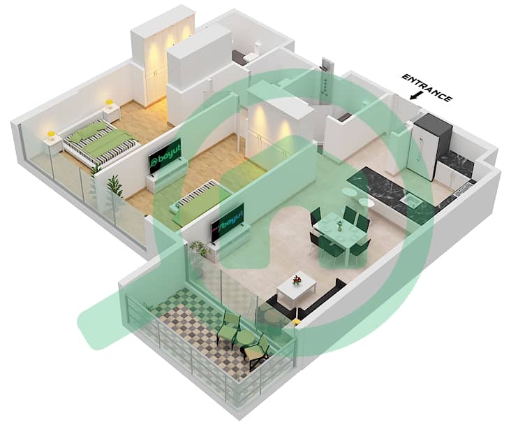 المخططات الطابقية لتصميم الوحدة 4 FLOOR 3-13,14-18 شقة 2 غرفة نوم - نايا في ديستريكت ون Unit 4 Floor 3-13,14-18 interactive3D