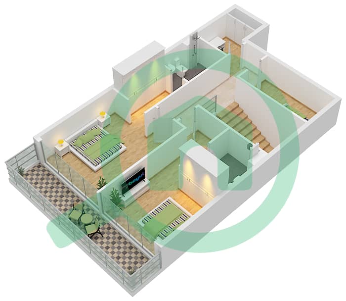 المخططات الطابقية لتصميم النموذج / الوحدة F / UNIT 8,9 (DUPLEX) شقة 2 غرفة نوم - أوبالز من الدانوب برج 2 Upper Floor interactive3D