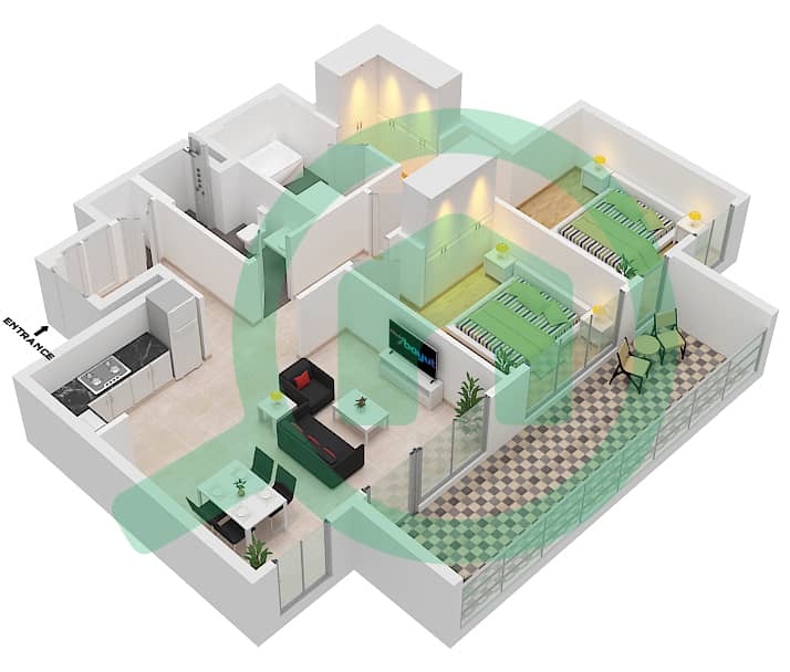 المخططات الطابقية لتصميم الوحدة 4 FLOOR 1-14,16-23 شقة 2 غرفة نوم - برج كريك جيت 2 Unit 4 Floor 1-14,16-23 interactive3D
