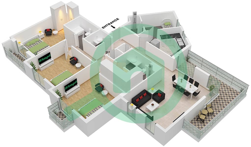 沙姆斯公寓 - 3 卧室公寓类型／单位3K-1 / 5戶型图 Type 3K-1 Unit 5 Floor 2-6 interactive3D