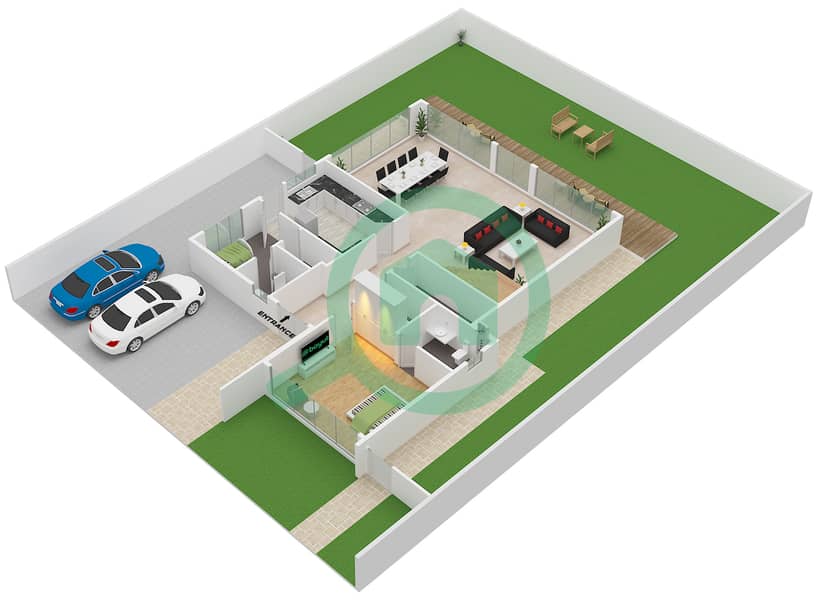 المخططات الطابقية لتصميم النموذج LV4 تاون هاوس 6 غرف نوم - سانتوريني Ground Floor interactive3D
