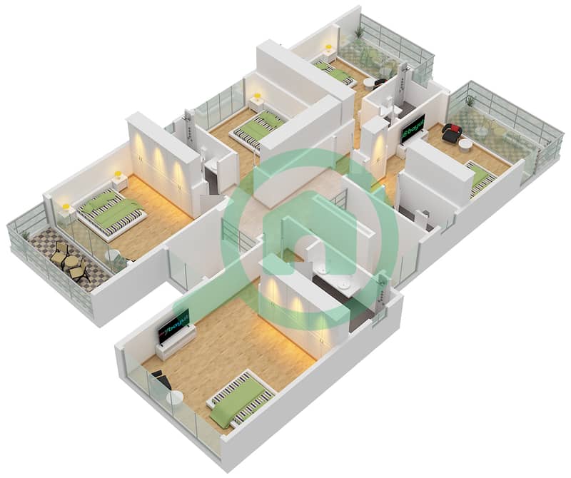 المخططات الطابقية لتصميم النموذج LV4 تاون هاوس 6 غرف نوم - سانتوريني First Floor interactive3D
