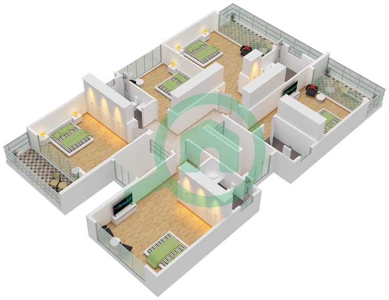 المخططات الطابقية لتصميم النموذج LV-3 تاون هاوس 6 غرف نوم - سانتوريني First Floor interactive3D