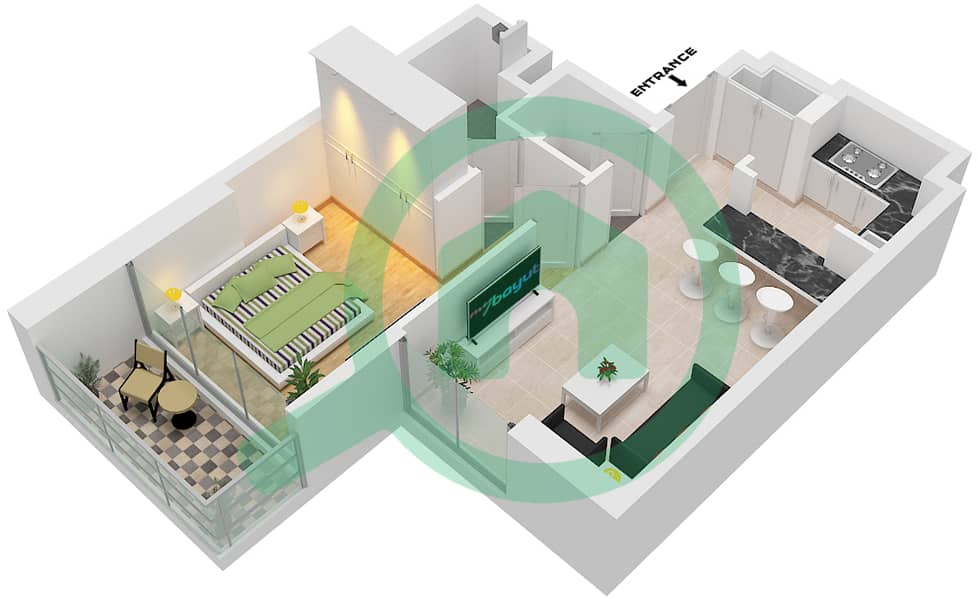 المخططات الطابقية لتصميم الوحدة 2 FLOOR 2-13,25-29 شقة 1 غرفة نوم - ريد سكوير تاور 1 Unit 2 Floor 2-13,15-24,25-29 interactive3D