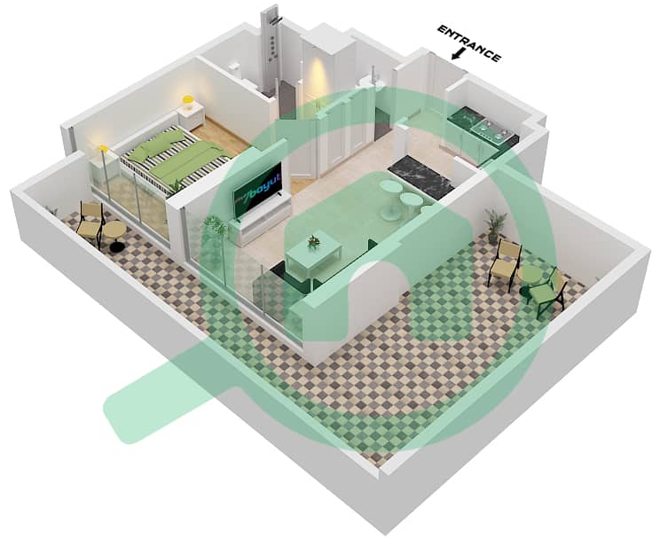المخططات الطابقية لتصميم الوحدة 1 FLOOR 33 شقة 1 غرفة نوم - ريد سكوير تاور 1 Unit 1 Floor 33 interactive3D