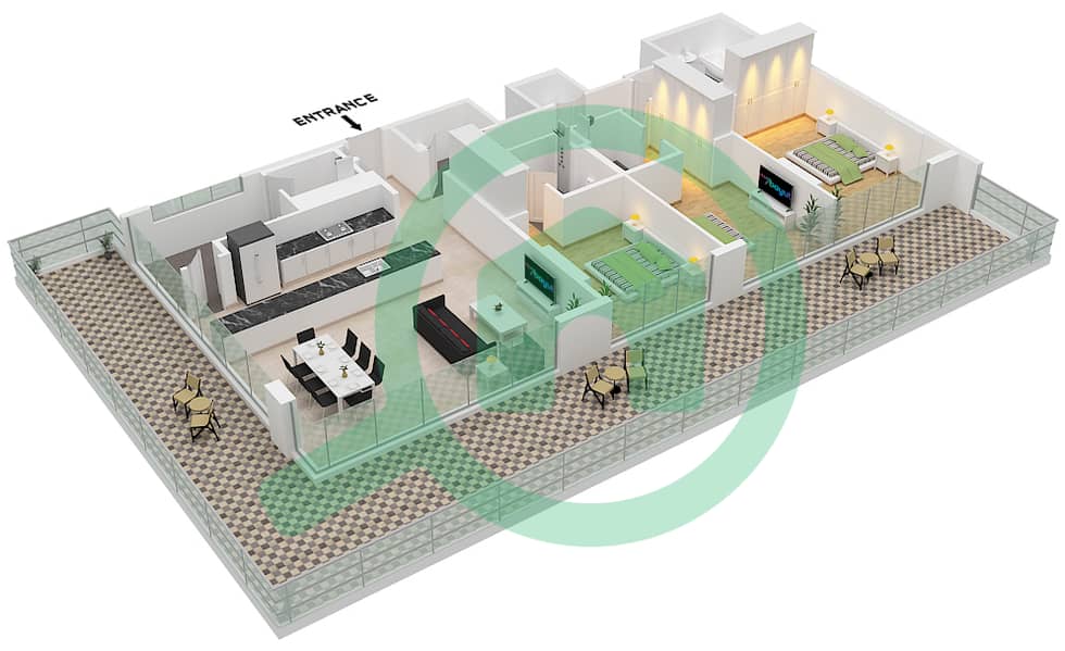 公寓6号 - 3 卧室公寓单位3 FLOOR GROUND戶型图 Unit 03 Floor Ground interactive3D