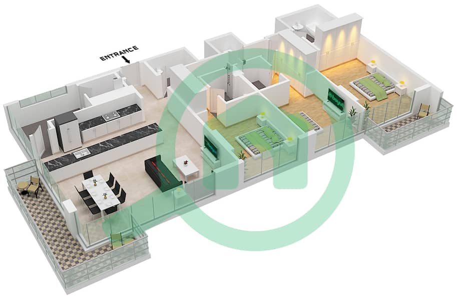 公寓6号 - 3 卧室公寓单位3 FLOOR 1-6戶型图 Unit 1,6-8 Floor 1st to 6th interactive3D