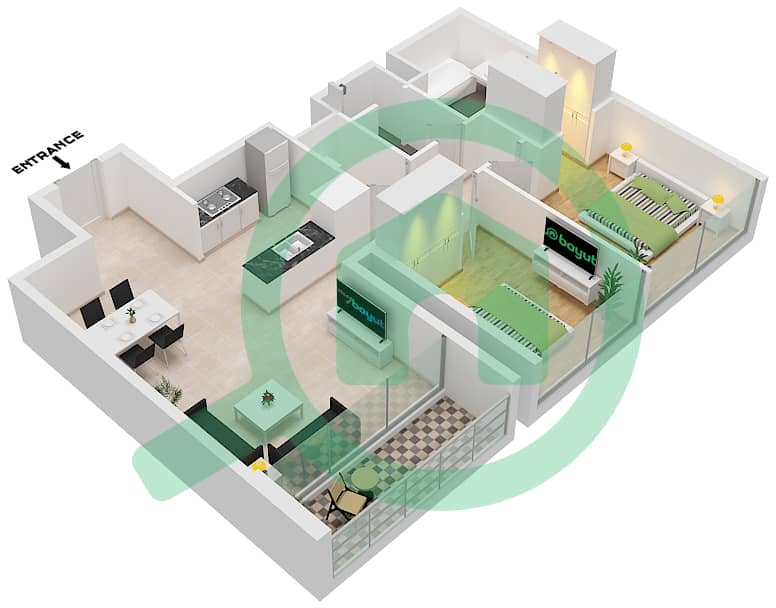 المخططات الطابقية لتصميم الوحدة 3 FLOOR 54-66 شقة 2 غرفة نوم - فورتي 1 Unit 3 Floor 54-66 interactive3D