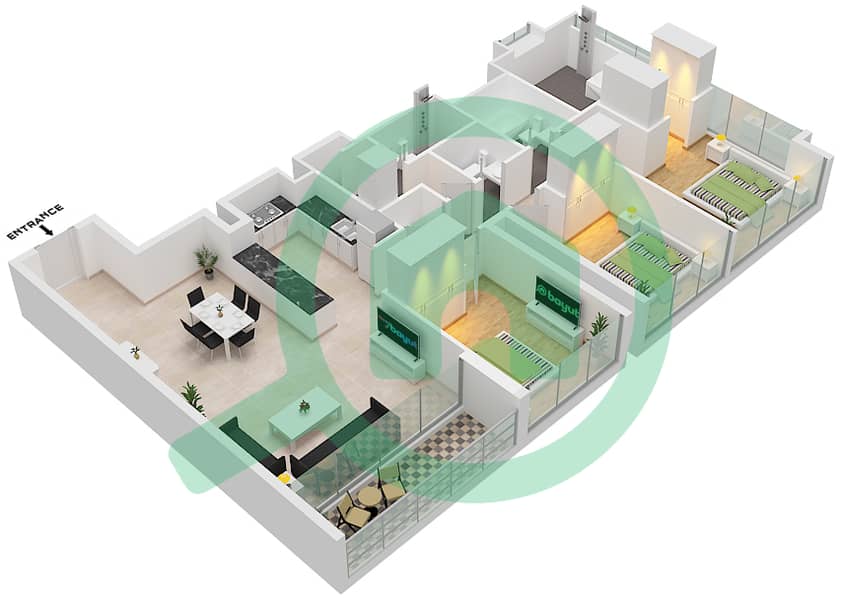 المخططات الطابقية لتصميم الوحدة 6 FLOOR 7-29,31-52 شقة 3 غرف نوم - فورتي 1 Unit 6 Floor 7-29,31-52 interactive3D