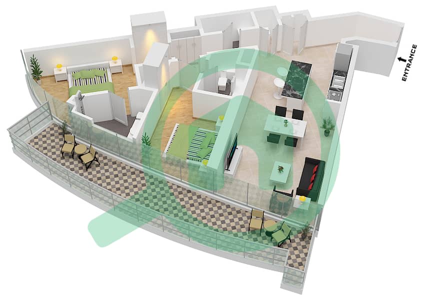 المخططات الطابقية لتصميم الوحدة 14 FLOOR 2 شقة 2 غرفة نوم - كانال هايتس Unit 14 Floor 2 interactive3D