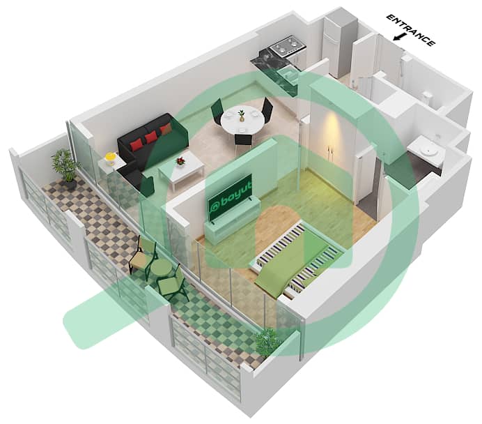 B座 - 1 卧室公寓单位2 FLOOR 10-23,26-46戶型图 Unit 2 Floor 10-23,26-46 interactive3D