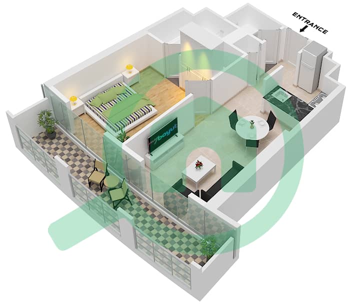 المخططات الطابقية لتصميم الوحدة 3 FLOOR 10-23,26-46 شقة 1 غرفة نوم - برج B Unit 3 Floor 10-23,26-46 interactive3D