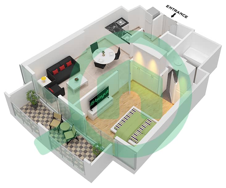 المخططات الطابقية لتصميم الوحدة 4 FLOOR 10-23,26-46 شقة 1 غرفة نوم - برج B Unit 4 Floor 10-23,26-46 interactive3D
