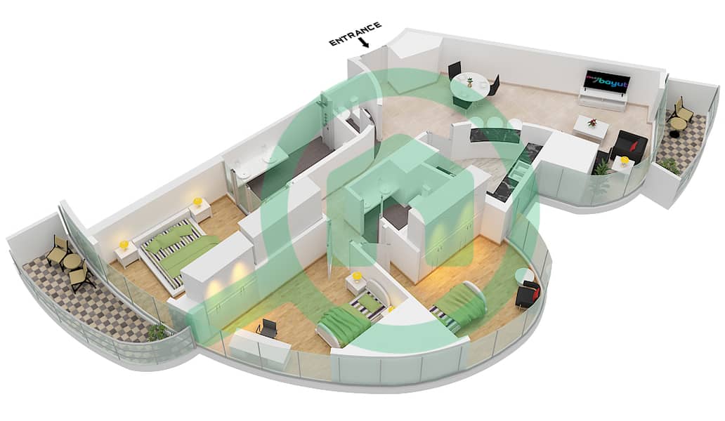 المخططات الطابقية لتصميم الوحدة 5 FLOOR 10-23,26-46 شقة 3 غرف نوم - برج B Unit 5 Floor 10-23,26-46 interactive3D