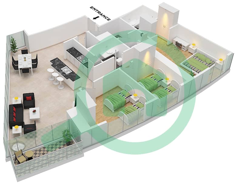 المخططات الطابقية لتصميم الوحدة 1 FLOOR 49-69 شقة 3 غرف نوم - برج B Unit 1 Floor 49-69 interactive3D