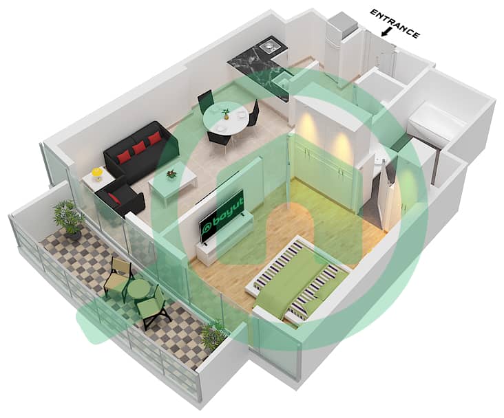 المخططات الطابقية لتصميم الوحدة 3 FLOOR 49-69 شقة 1 غرفة نوم - برج B Unit 3 Floor 49-69 interactive3D