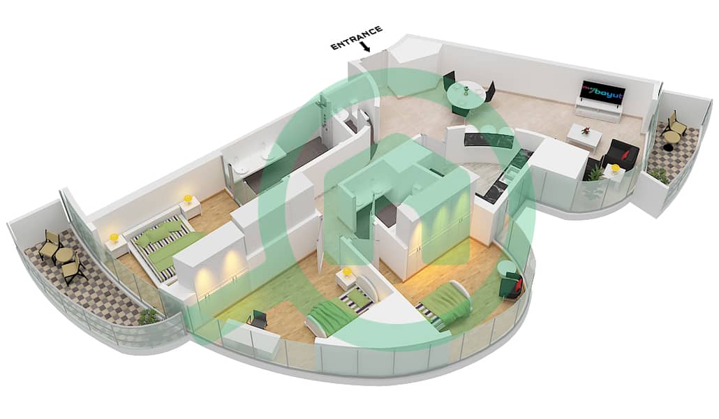 المخططات الطابقية لتصميم الوحدة 4 FLOOR 49-69 شقة 3 غرف نوم - برج B Unit 4 Floor 49-69 interactive3D