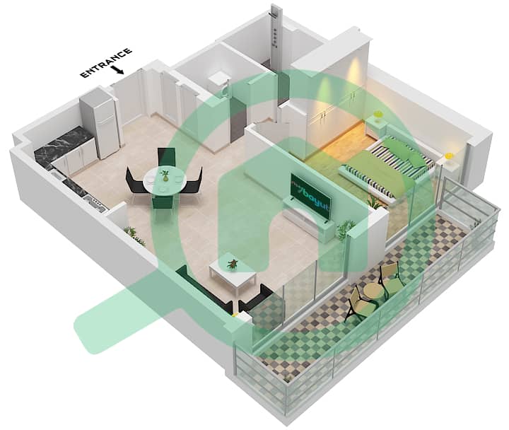 المخططات الطابقية لتصميم الوحدة 1 FLOOR 1-8 شقة 1 غرفة نوم - العنوان برج باي فيو 1 Unit Floor 1-8 interactive3D
