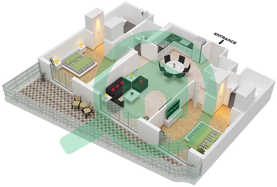尼基海滩公寓 - 2 卧室公寓类型2A戶型图 interactive3D