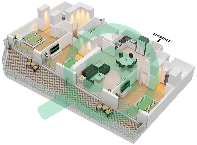المخططات الطابقية لتصميم النموذج 3A شقة 3 غرف نوم - نيكي بيتش ريزيدنسيز interactive3D