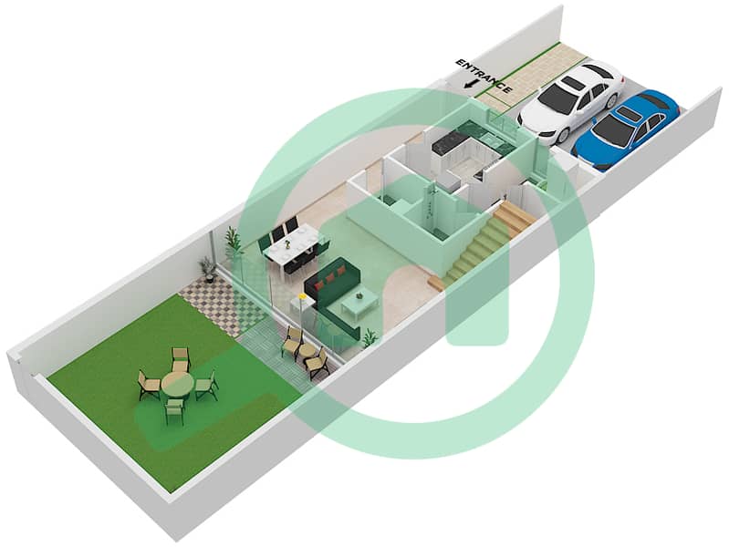 المخططات الطابقية لتصميم النموذج A تاون هاوس 2 غرفة نوم - سيكويا Ground Floor interactive3D
