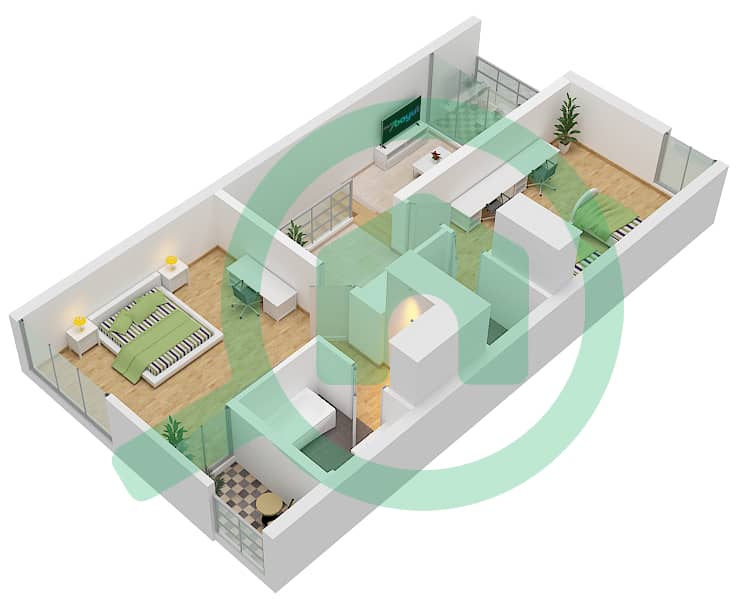 المخططات الطابقية لتصميم النموذج B تاون هاوس 2 غرفة نوم - سيكويا First Floor interactive3D