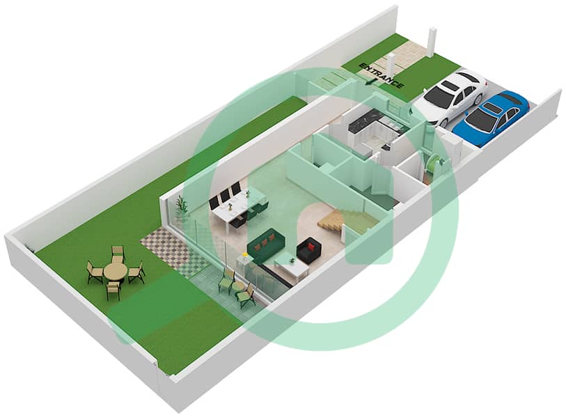 المخططات الطابقية لتصميم النموذج 1B تاون هاوس 3 غرف نوم - سيكويا Ground Floor interactive3D