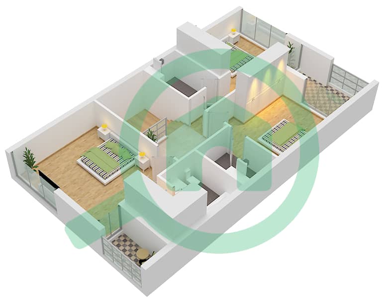 المخططات الطابقية لتصميم النموذج B تاون هاوس 3 غرف نوم - سيكويا First Floor interactive3D
