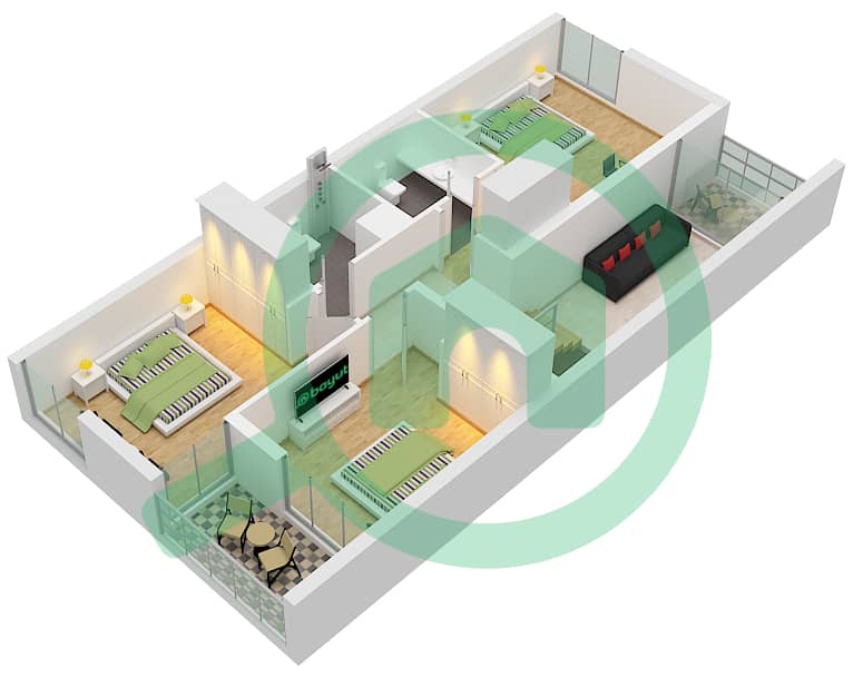 المخططات الطابقية لتصميم النموذج 1B تاون هاوس 3 غرف نوم - سيكويا First Floor interactive3D