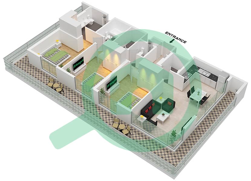 海洋之门3号大楼 - 3 卧室公寓类型／单位1,1A / UNIT 1 FLOOR 7-8戶型图 Floor 7-8 interactive3D