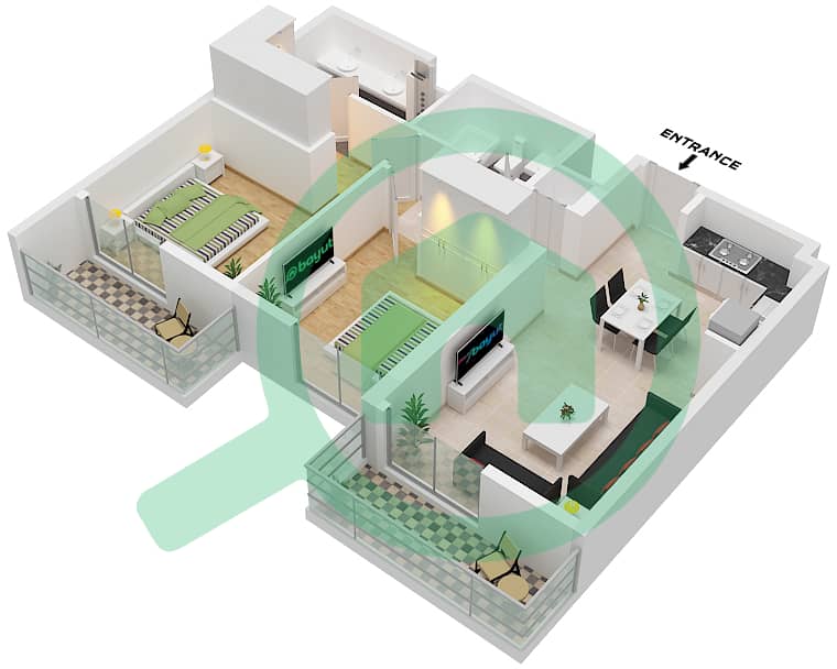 海洋之门3号大楼 - 2 卧室公寓类型／单位1 / UNIT 2 FLOOR 9-10戶型图 Type 1 Unit 2 Floor 9-10 interactive3D