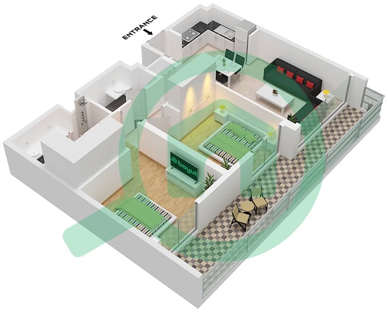 المخططات الطابقية لتصميم النموذج / الوحدة 1A / UNIT 8 FLOOR 1 شقة 2 غرفة نوم - بناية سي جيت 3 Type 1A / Unit 8 Floor 1 interactive3D