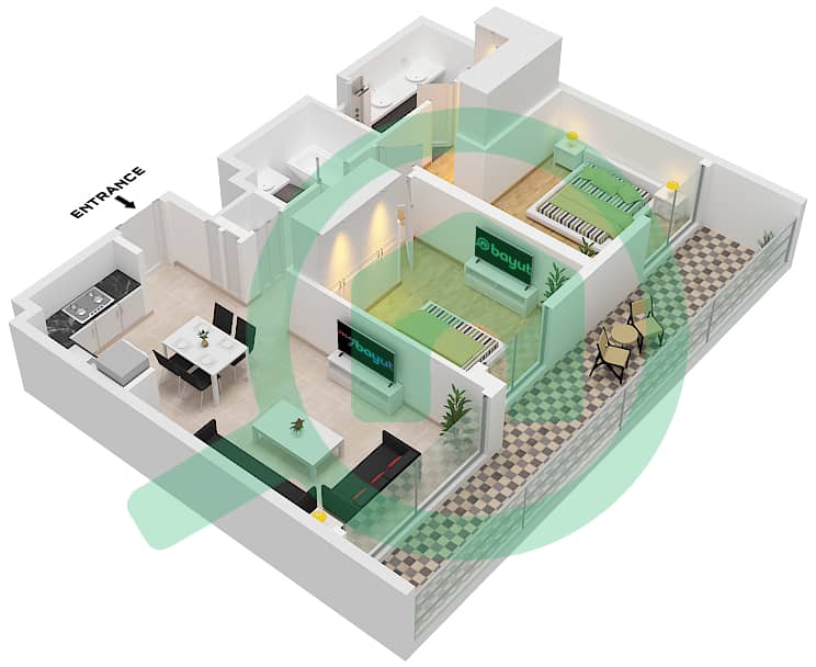 المخططات الطابقية لتصميم النموذج / الوحدة 1A / UNIT 9 FLOOR 1 شقة 2 غرفة نوم - بناية سي جيت 3 Type 1A / Unit 9 Floor 1 interactive3D
