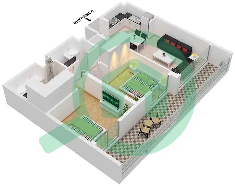 Сигейт Билдинг 3 - Апартамент 2 Cпальни планировка Тип/мера 1B / UNIT 10 FLOOR 1 Type 1B / Unit 10 Floor 1 interactive3D
