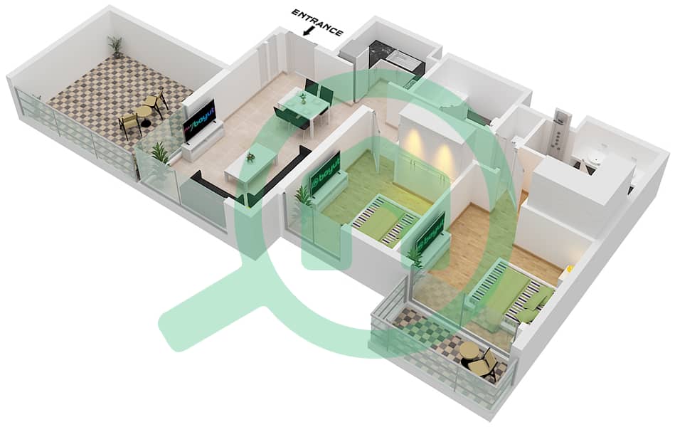 المخططات الطابقية لتصميم النموذج / الوحدة 2A / UNIT 7 FLOOR 1 شقة 2 غرفة نوم - بناية سي جيت 3 Type 2A / Unit 7 Floor 1 interactive3D