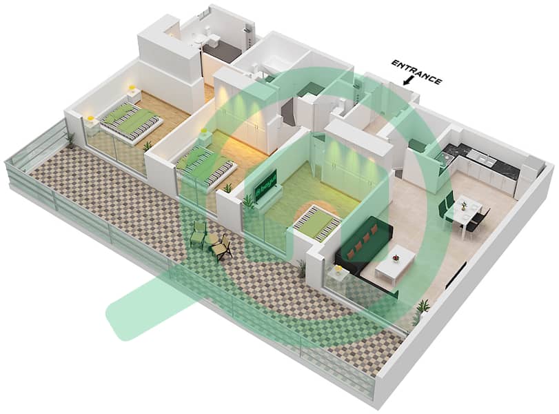 海洋之门3号大楼 - 3 卧室公寓类型／单位3 / UNIT 1 FLOOR 10戶型图 Type 3 / Unit 1 Floor 10 interactive3D