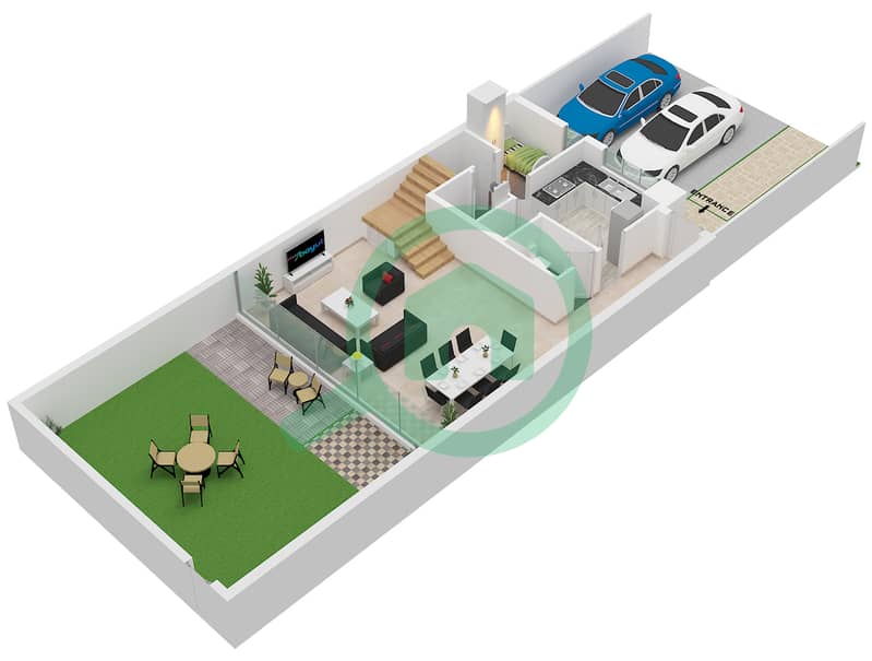 المخططات الطابقية لتصميم النموذج B تاون هاوس 4 غرف نوم - سيكويا Ground Floor interactive3D