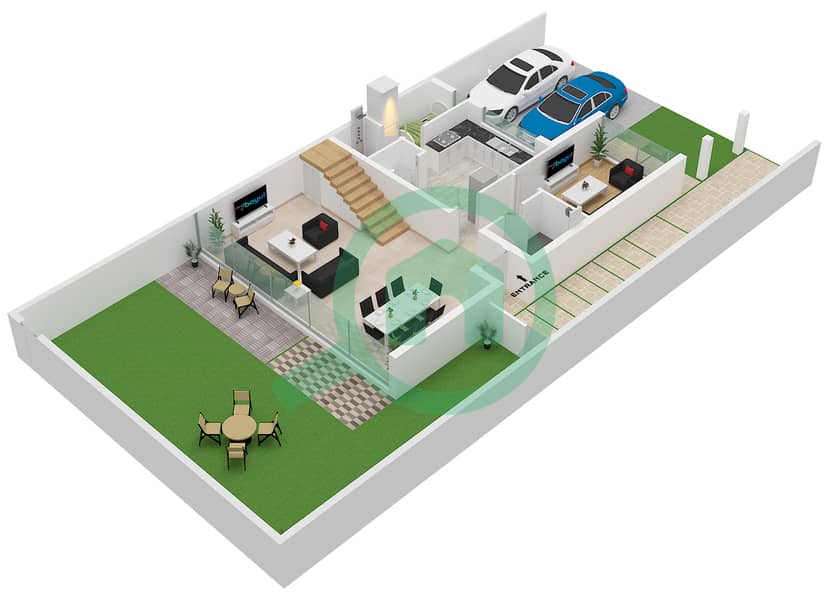 المخططات الطابقية لتصميم النموذج A1 تاون هاوس 4 غرف نوم - سيكويا Ground Floor interactive3D