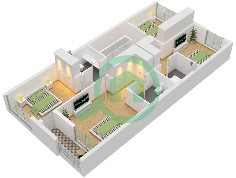 المخططات الطابقية لتصميم النموذج B تاون هاوس 4 غرف نوم - سيكويا First Floor interactive3D