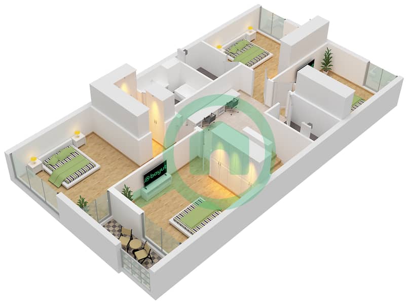 المخططات الطابقية لتصميم النموذج B1 تاون هاوس 4 غرف نوم - سيكويا First Floor interactive3D
