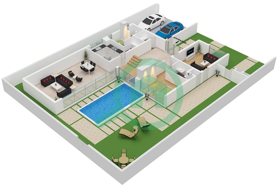 المخططات الطابقية لتصميم النموذج 2B فیلا 4 غرف نوم - سيكويا Ground Floor interactive3D