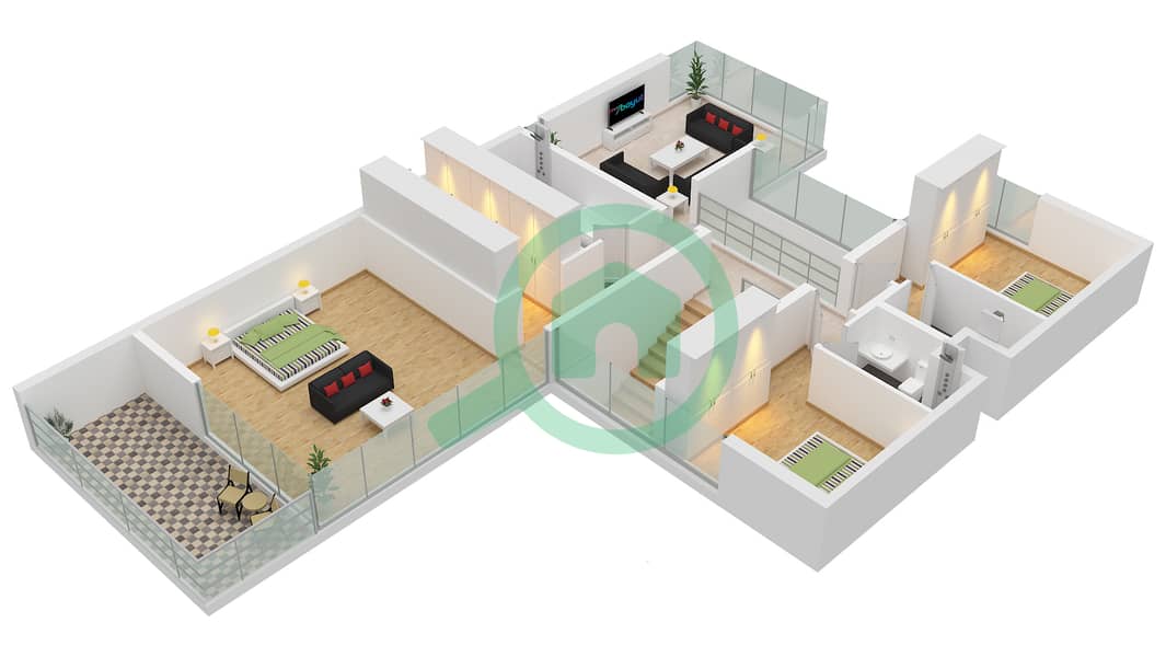 المخططات الطابقية لتصميم النموذج 2B فیلا 4 غرف نوم - سيكويا First Floor interactive3D