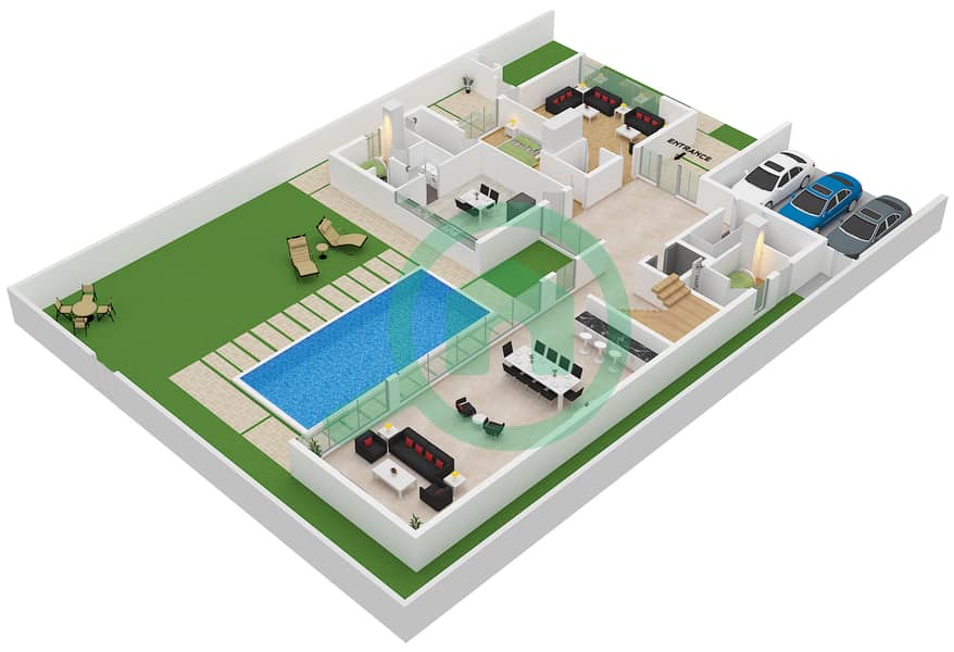 المخططات الطابقية لتصميم النموذج A فیلا 6 غرف نوم - سيكويا Ground Floor interactive3D