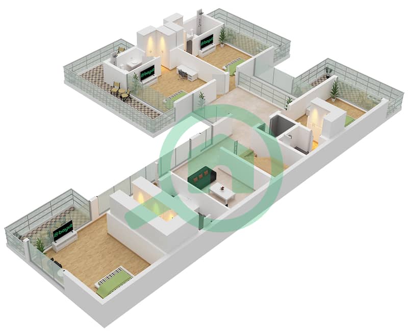 المخططات الطابقية لتصميم النموذج A فیلا 6 غرف نوم - سيكويا First Floor interactive3D
