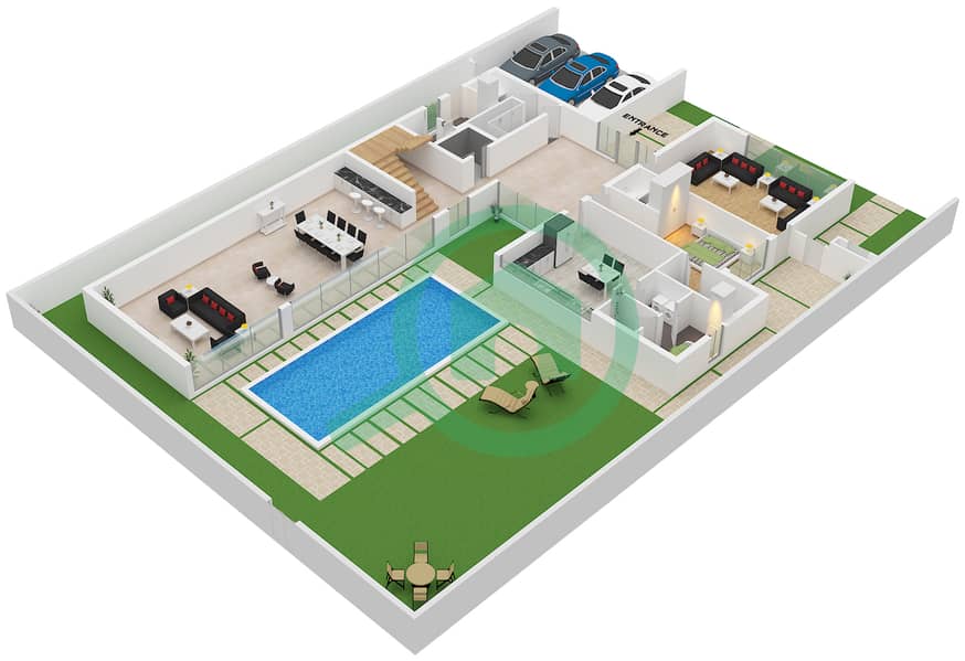 المخططات الطابقية لتصميم النموذج B فیلا 6 غرف نوم - سيكويا Ground Floor interactive3D